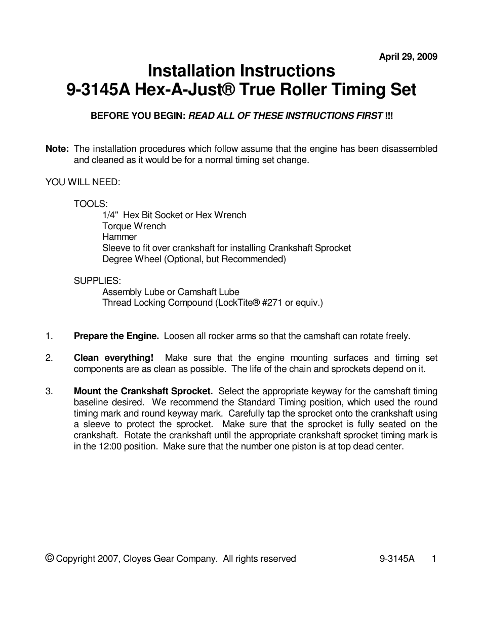Cloyes Hex-A-Just 9-3145A (SB Chevy Factory Roller Cam) User Manual | 2 pages