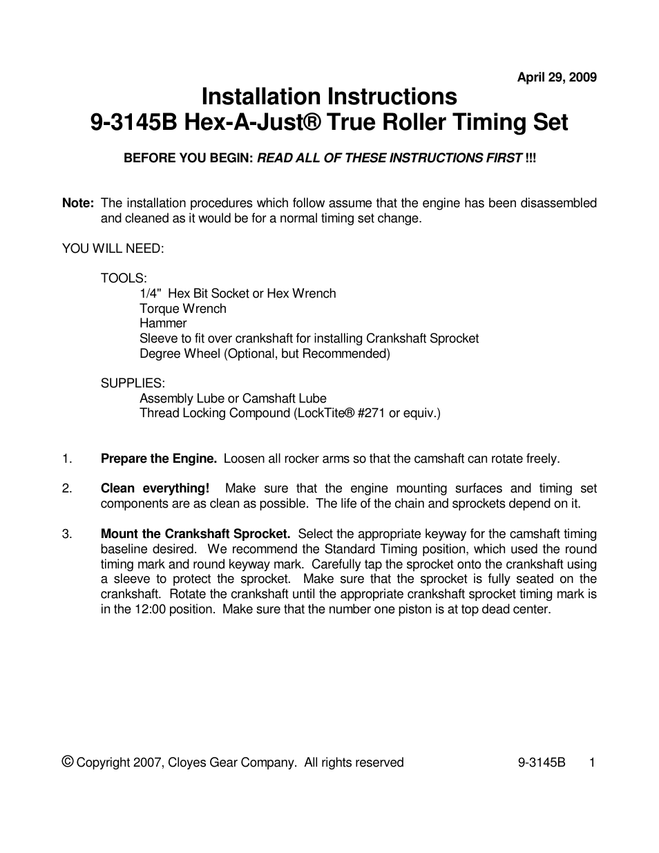 Cloyes Hex-A-Just 9-3145B (SB Chevy Factory Roller and Cam BB Crank) User Manual | 2 pages