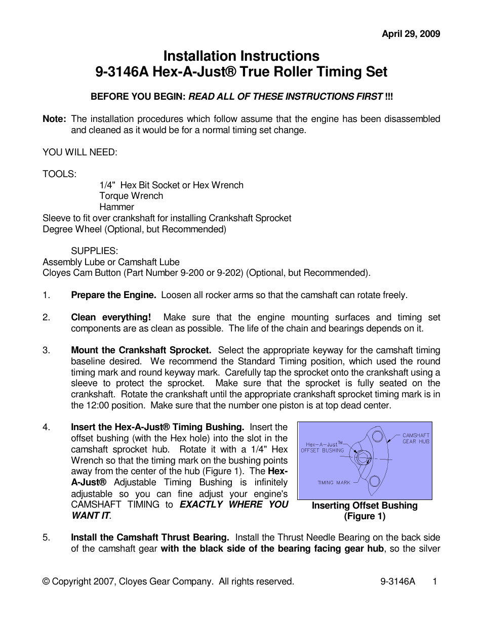 Cloyes Hex-A-Just 9-3146A (SB Chevy Rocket) User Manual | 2 pages