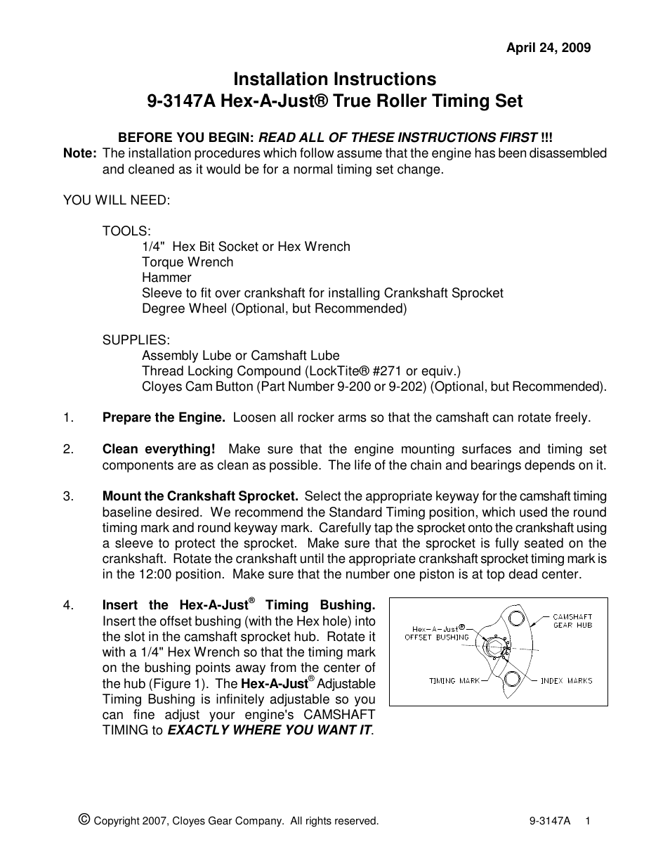 Cloyes Hex-A-Just 9-3147A (BB Chevy Merlin) User Manual | 2 pages