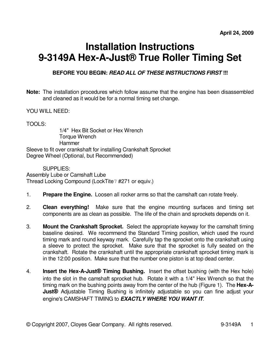 Cloyes Hex-A-Just 9-3149A (BB Chevy Gen VI) User Manual | 2 pages