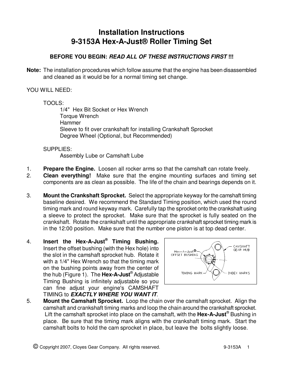 Cloyes Hex-A-Just 9-3153A (Chevy LS1) User Manual | 2 pages