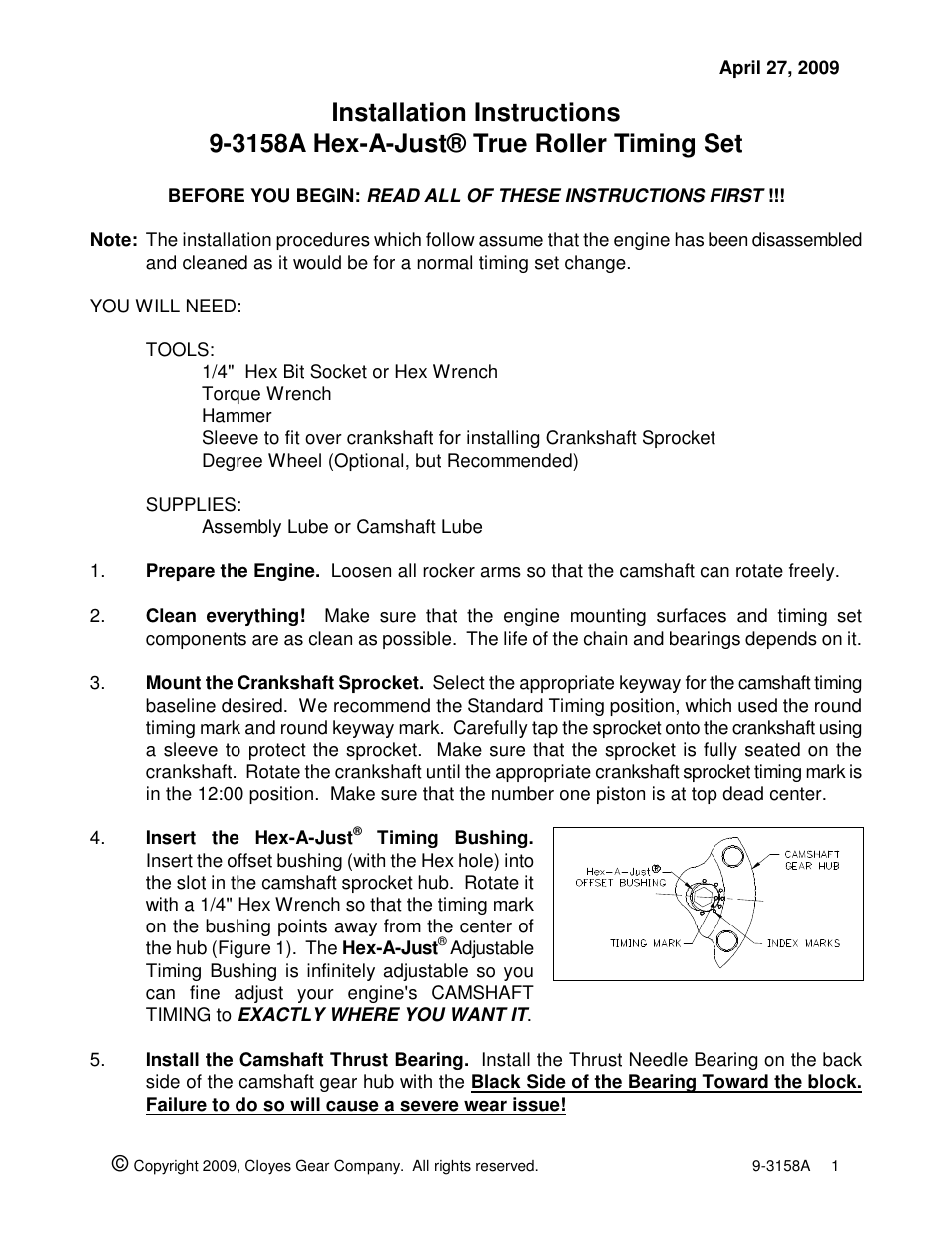 Cloyes Hex-A-Just 9-3158A (Chevy LS1-2-6 Single Roller) User Manual | 2 pages