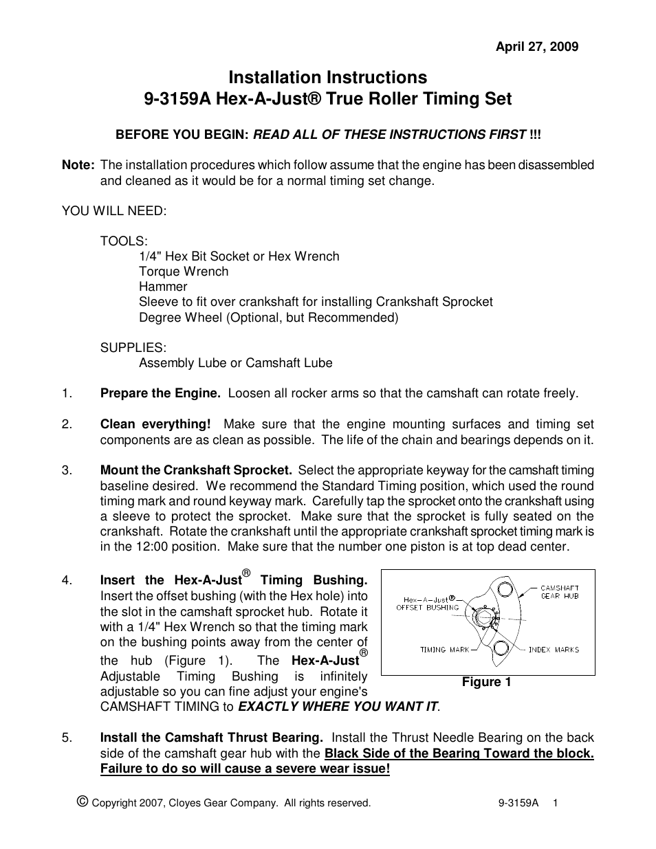 Cloyes Hex-A-Just 9-3159A (Chevy LS1-2-6 Double Roller) User Manual | 3 pages