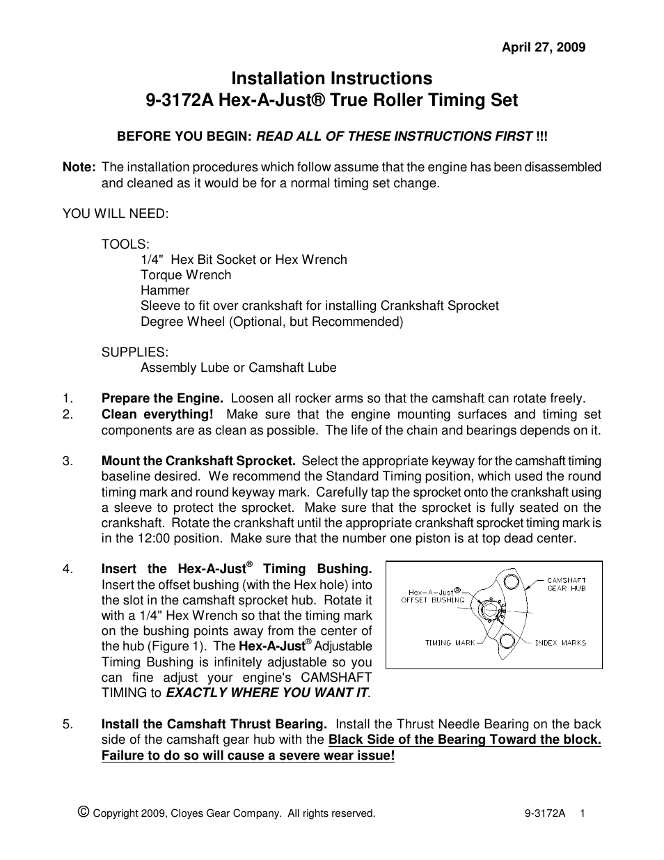 Cloyes Hex-A-Just 9-3172A (Chevy LS2 - Late, 3 Hub Cam Sprkt, Single Roller) User Manual | 2 pages