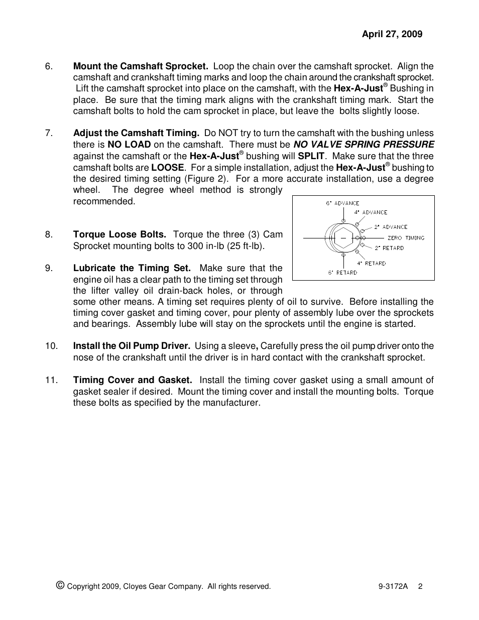 Cloyes Hex-A-Just 9-3172A (Chevy LS2 - Late, 3 Hub Cam Sprkt, Single Roller) User Manual | Page 2 / 2