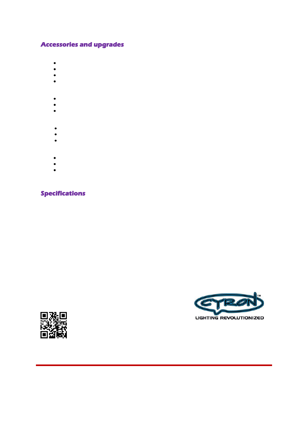 Accessories and upgrades, Specifications | Cyron Lighting HTP1502E User Manual | Page 12 / 12