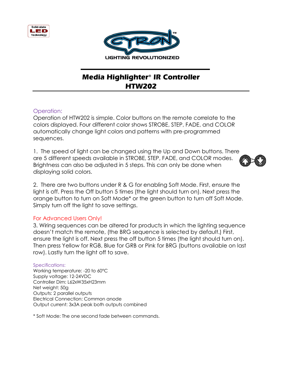 Cyron Lighting HTW202 User Manual | 2 pages