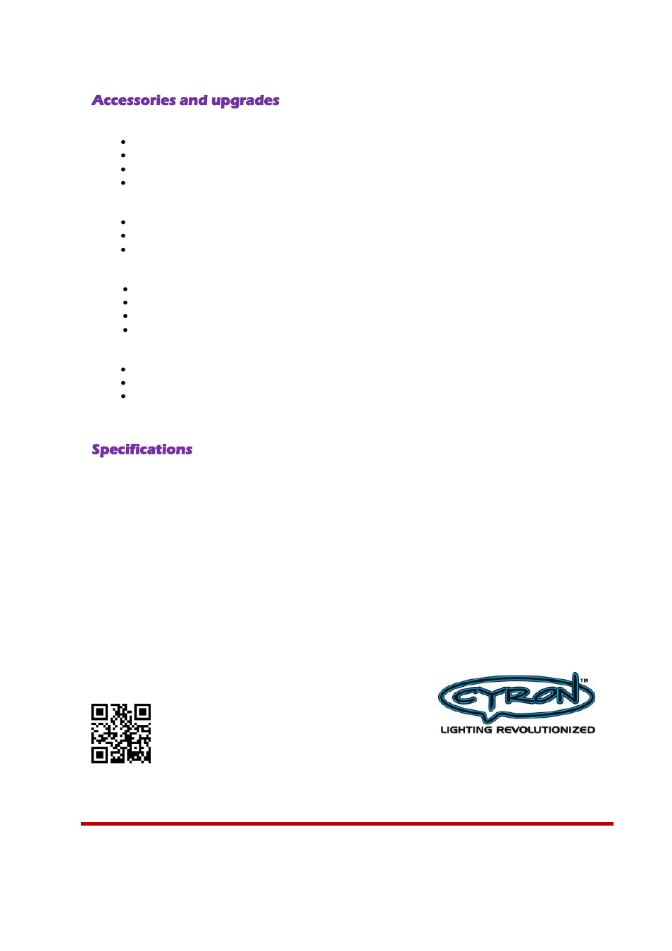 Accessories and upgrades, Specifications | Cyron Lighting HTP1506E User Manual | Page 12 / 12