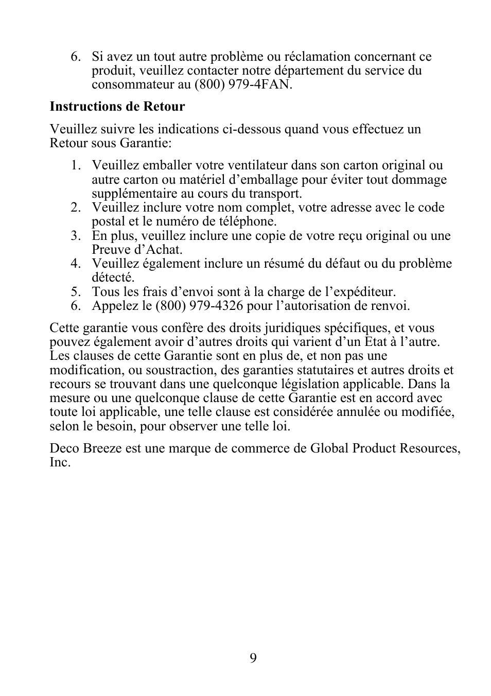 DECO BREEZE Adjustable Height Floor Fan User Manual | Page 10 / 15