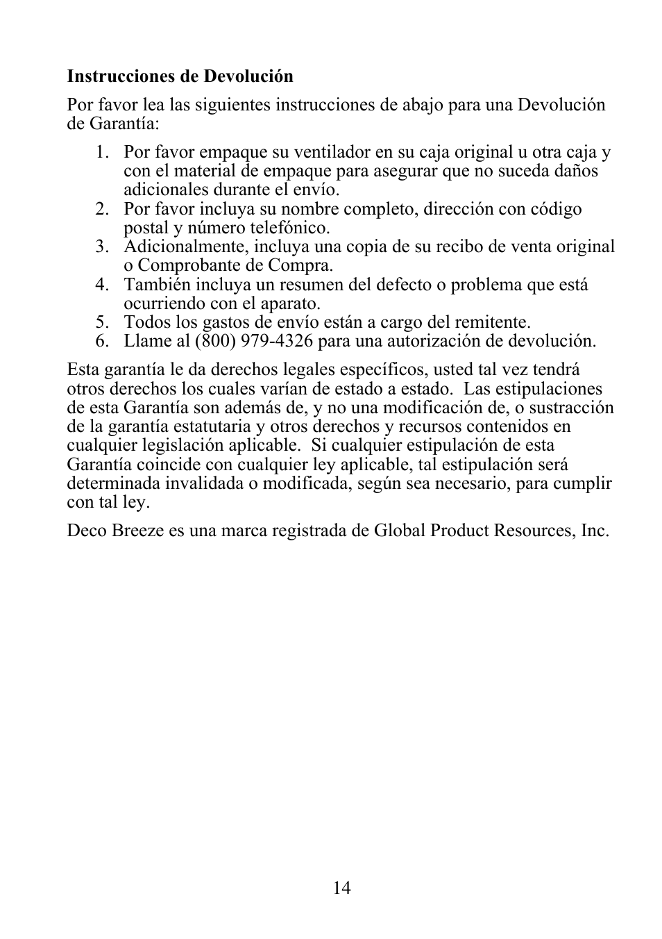 DECO BREEZE Adjustable Height Floor Fan User Manual | Page 15 / 15