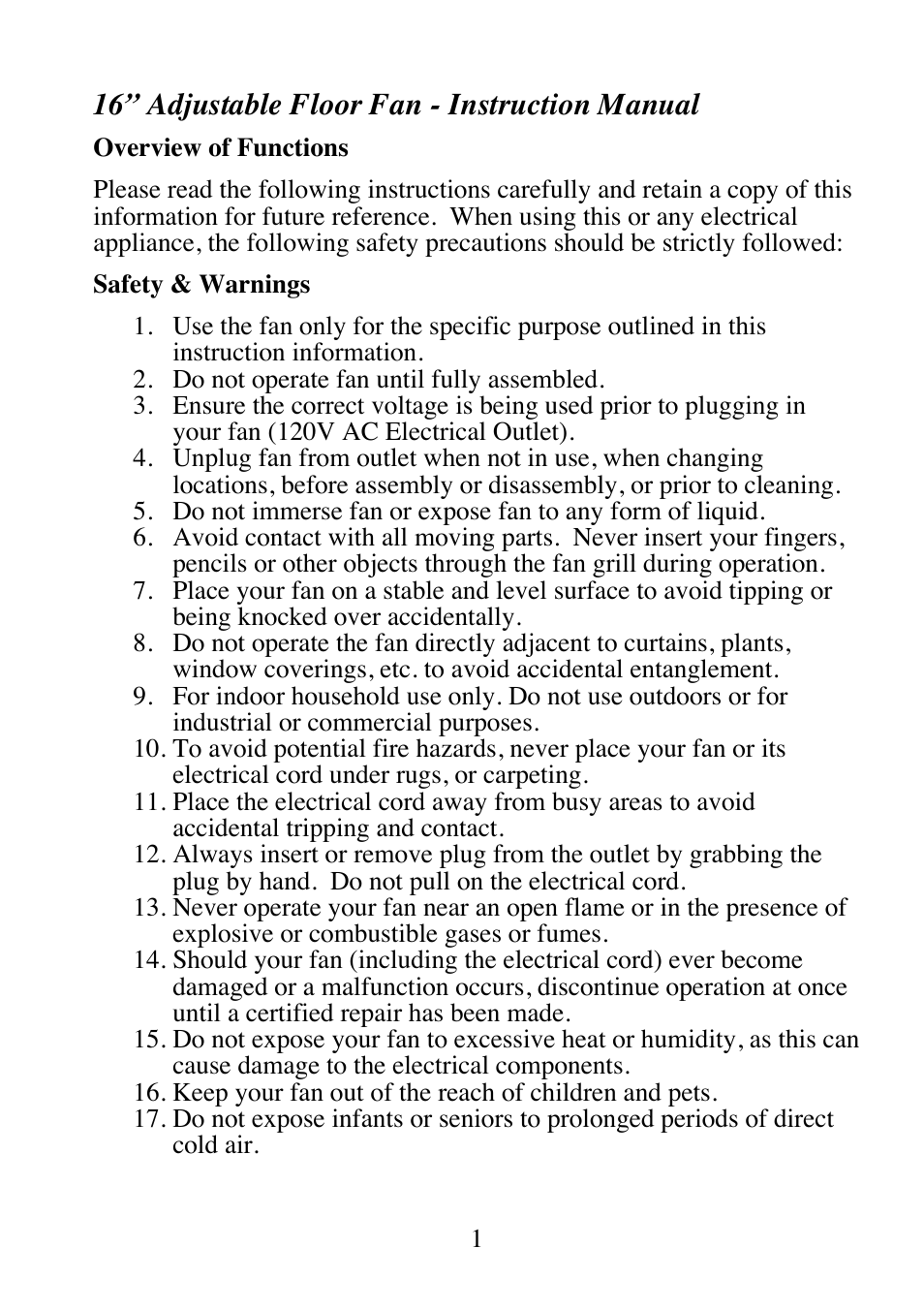 16” adjustable floor fan - instruction manual | DECO BREEZE Adjustable Height Floor Fan User Manual | Page 2 / 15