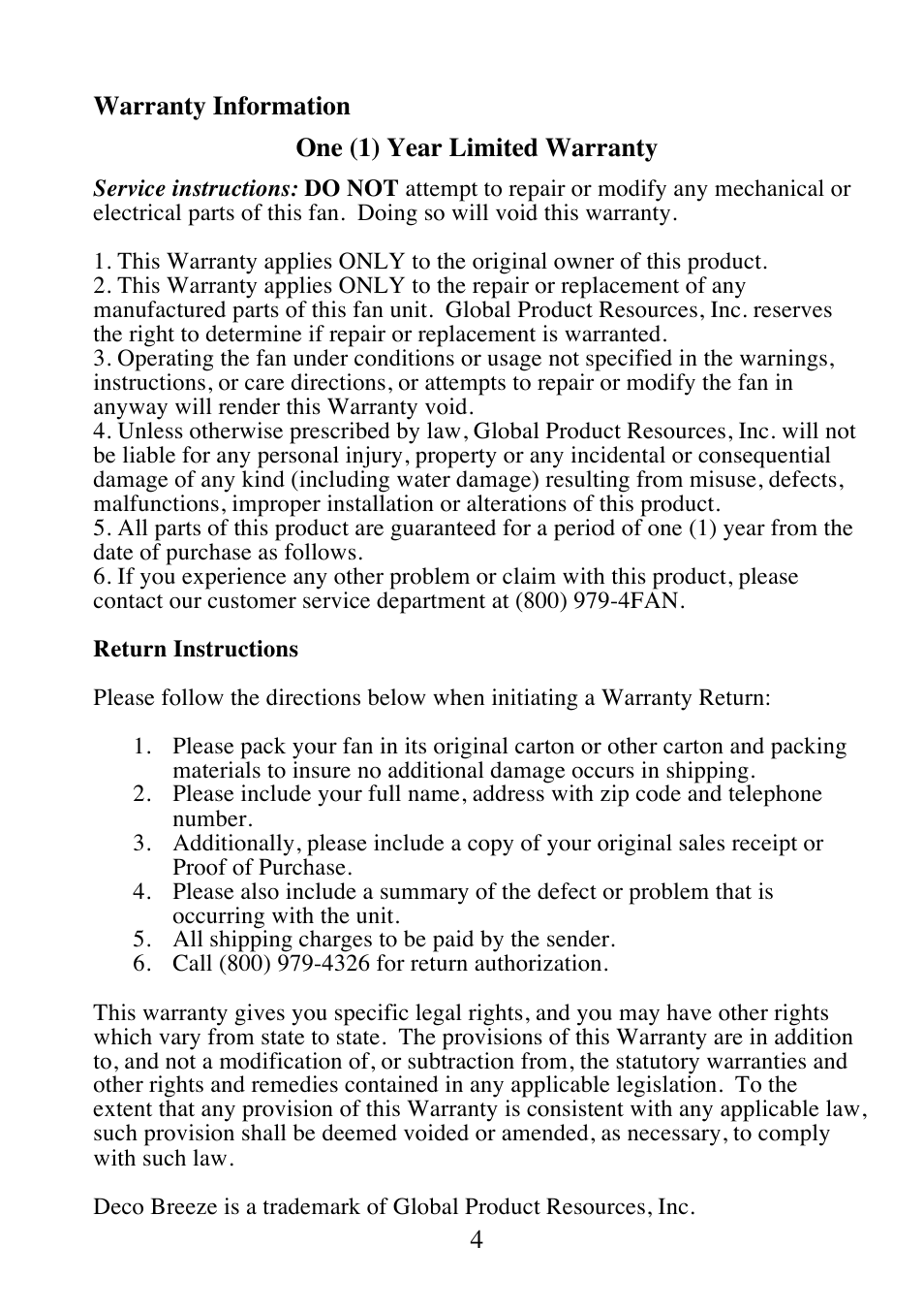 DECO BREEZE Adjustable Height Floor Fan User Manual | Page 5 / 15