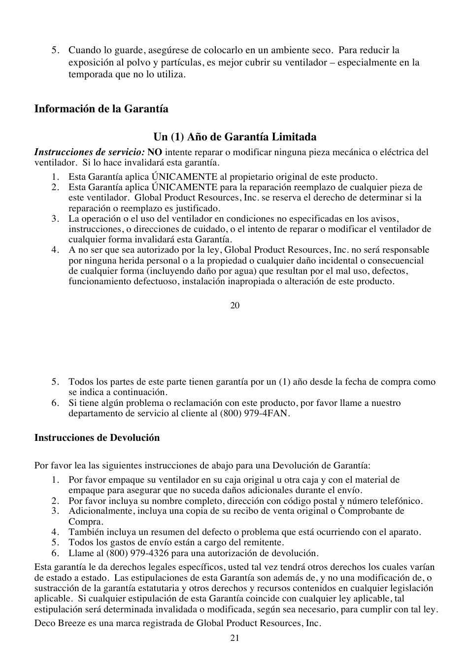 Información de la garantía, Un (1) año de garantía limitada | DECO BREEZE Decorative 7" Figurine Fan User Manual | Page 11 / 12