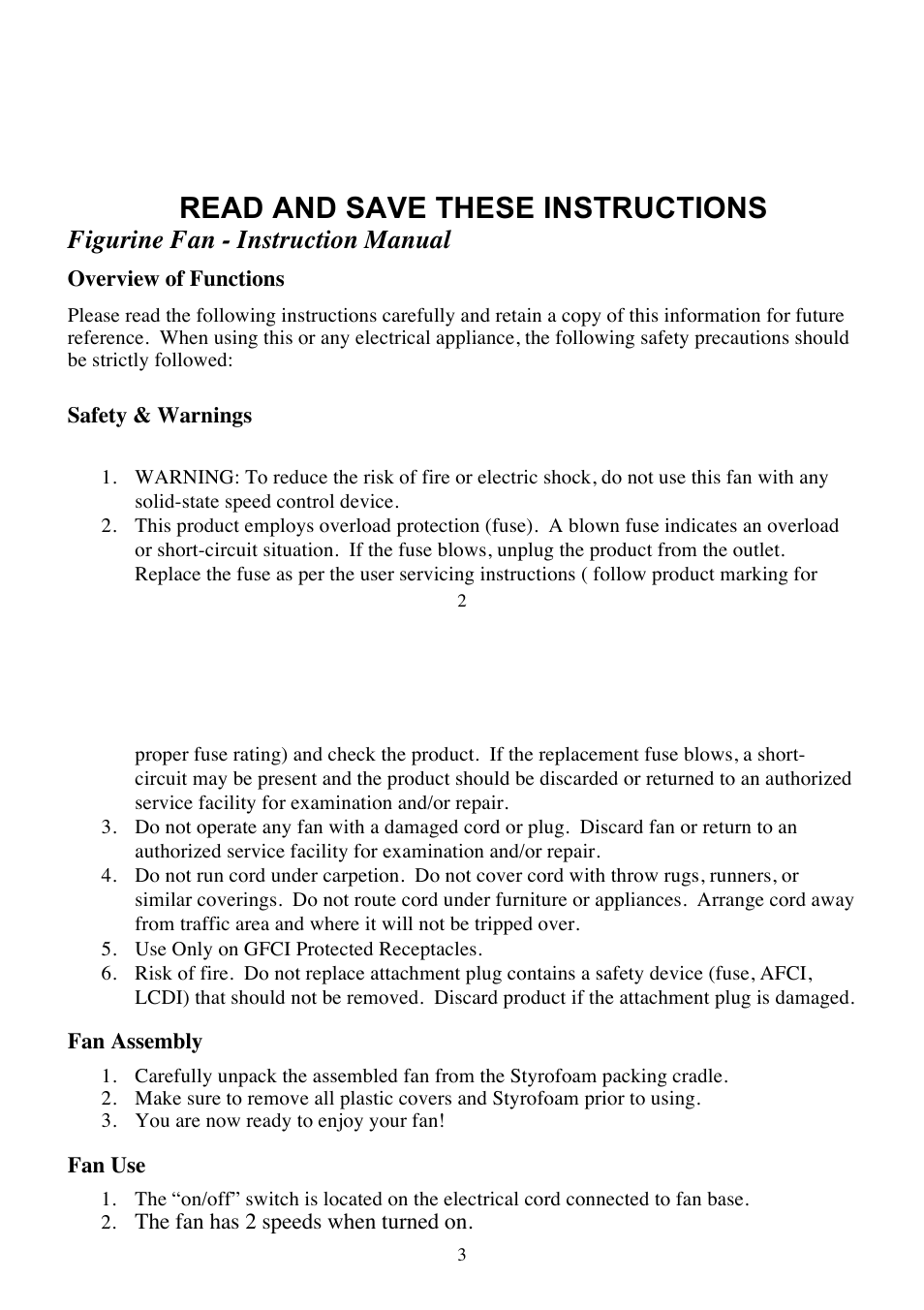 Read and save these instructions, Figurine fan - instruction manual | DECO BREEZE Decorative 7" Figurine Fan User Manual | Page 2 / 12