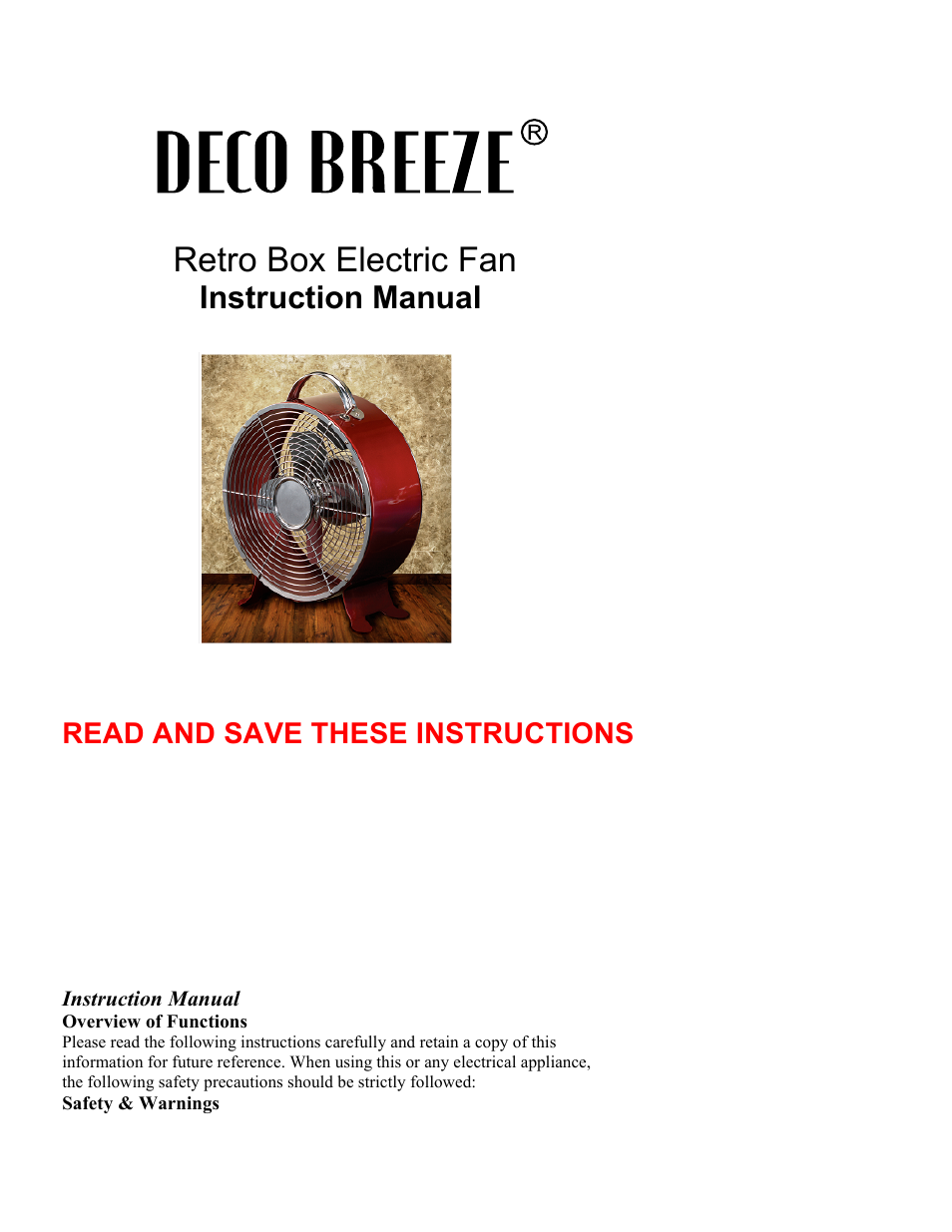 DECO BREEZE Decorative Retro Box Fan User Manual | 8 pages