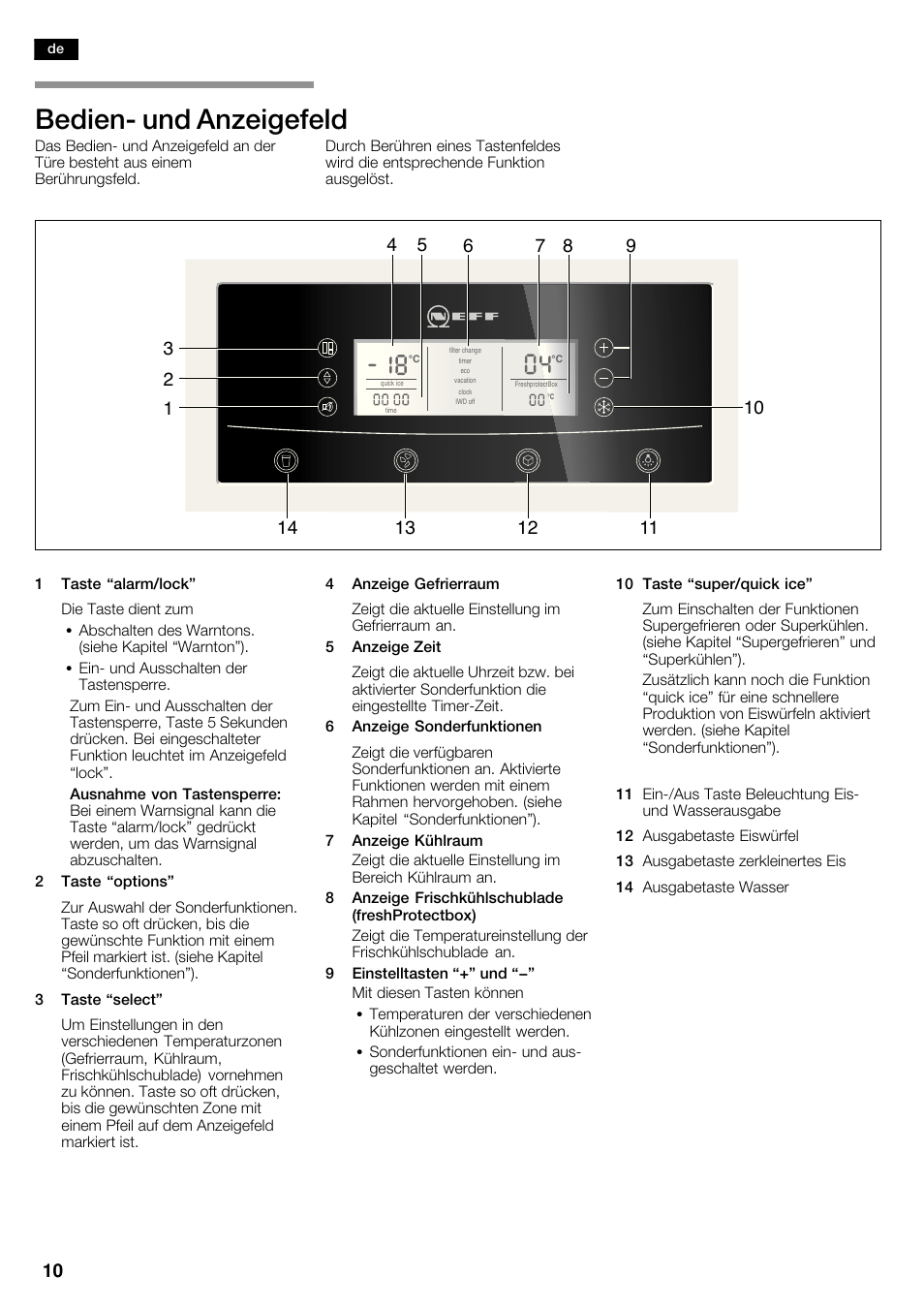 Bedienć und anzeigefeld | Neff K5935D1 User Manual | Page 10 / 140