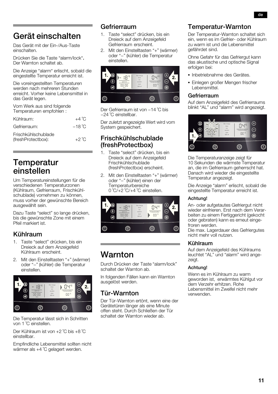 Gerät einschalten, Temperatur einstellen, Warnton | Kühlraum, Gefrierraum, Frischkühlschublade (freshprotectbox), Türćwarnton, Temperaturćwarnton | Neff K5935D1 User Manual | Page 11 / 140