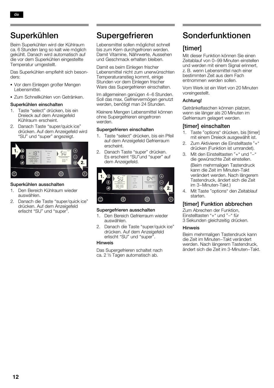 Superkühlen, Supergefrieren, Sonderfunktionen | Timer, Timer] einschalten, Timer] funktion abbrechen | Neff K5935D1 User Manual | Page 12 / 140