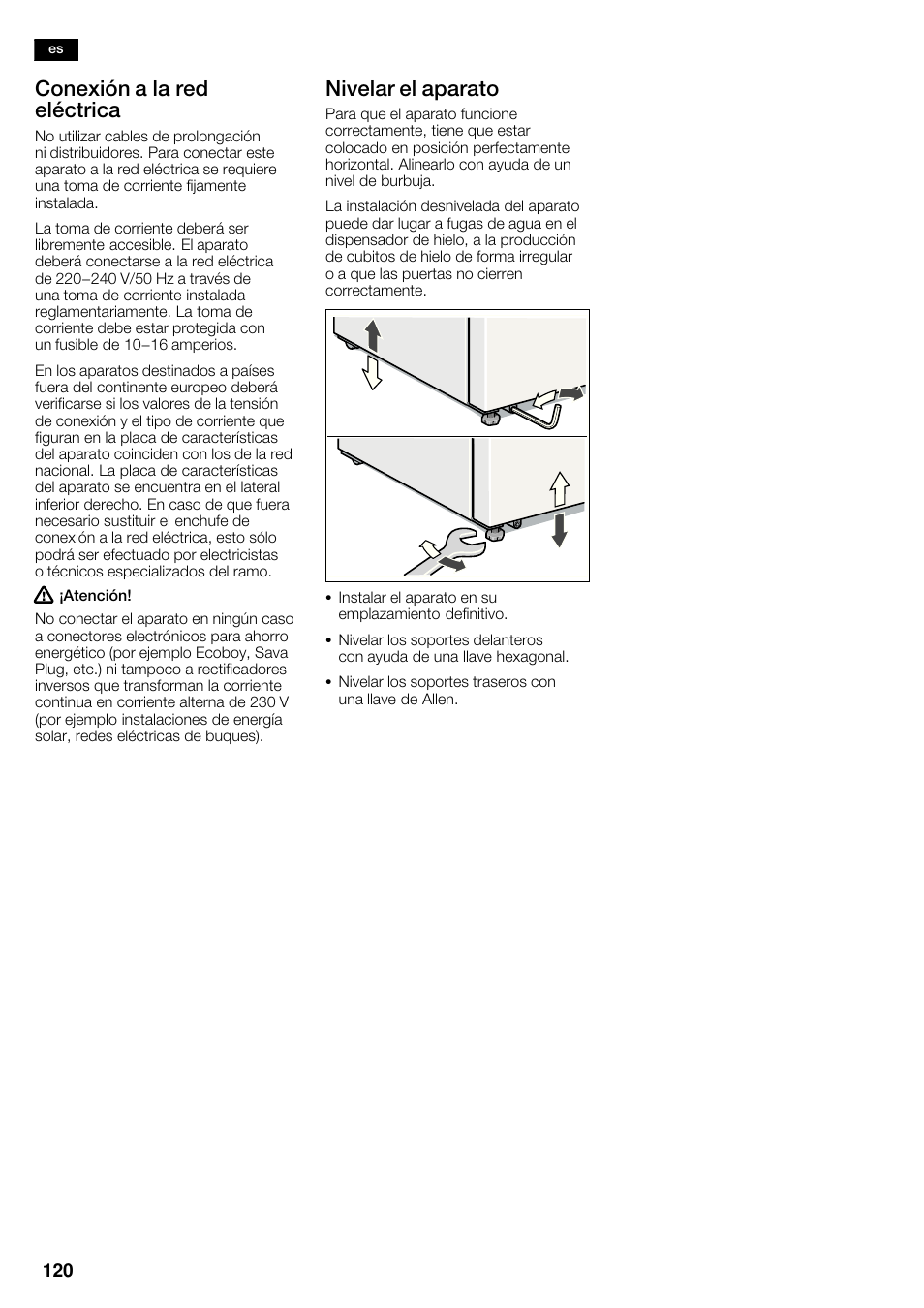 Conexión a la red eléctrica, Nivelar el aparato | Neff K5935D1 User Manual | Page 120 / 140