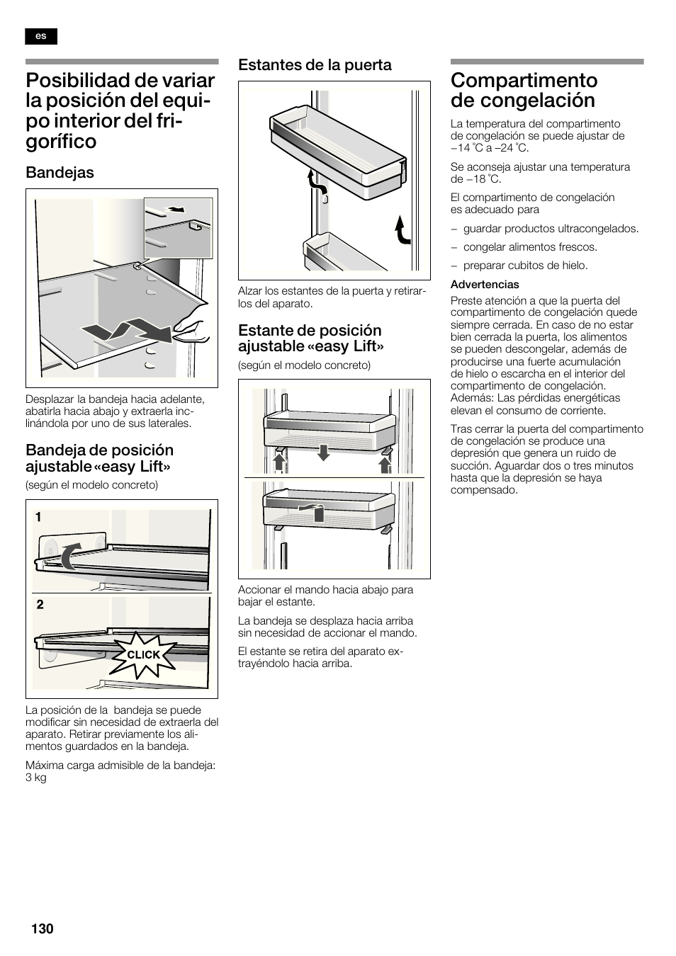 Compartimento de congelación, Bandejas, Bandeja de posición ajustable | Easy lift, Estantes de la puerta, Estante de posición ajustable «easy lift | Neff K5935D1 User Manual | Page 130 / 140