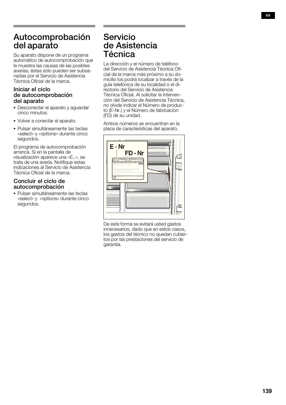 Autocomprobación del aparato, Servicio de asistencia técnica | Neff K5935D1 User Manual | Page 139 / 140