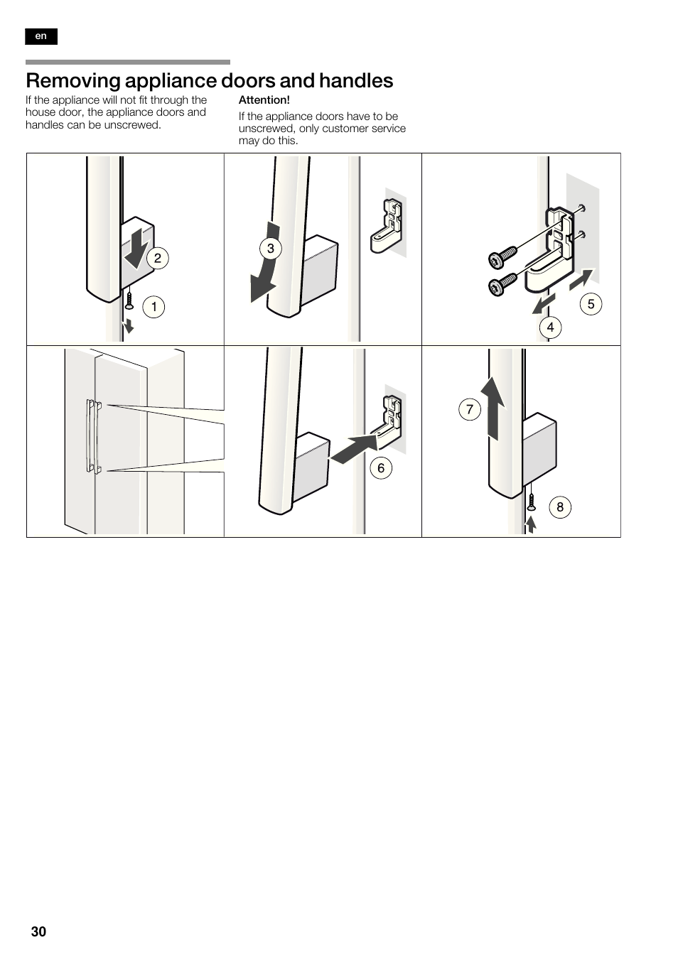 Removing appliance doors and handles | Neff K5935D1 User Manual | Page 30 / 140