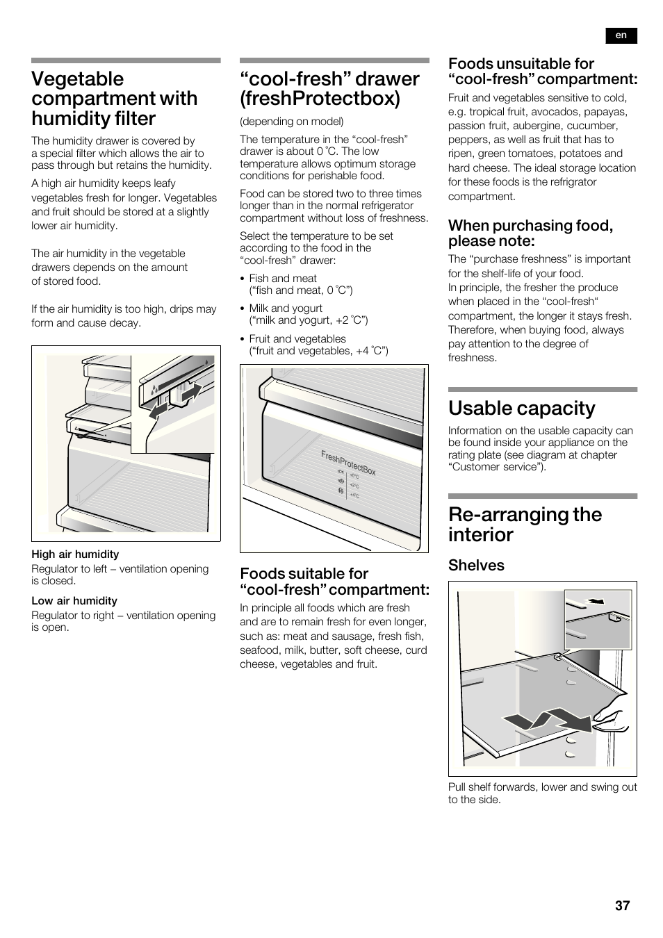 Vegetable compartment with humidity filter, Coolćfresh" drawer (freshprotectbox), Usable capacity | Rećarranging the interior, Foods suitable for coolćfresh" compartment, Foods unsuitable for coolćfresh" compartment, Shelves | Neff K5935D1 User Manual | Page 37 / 140