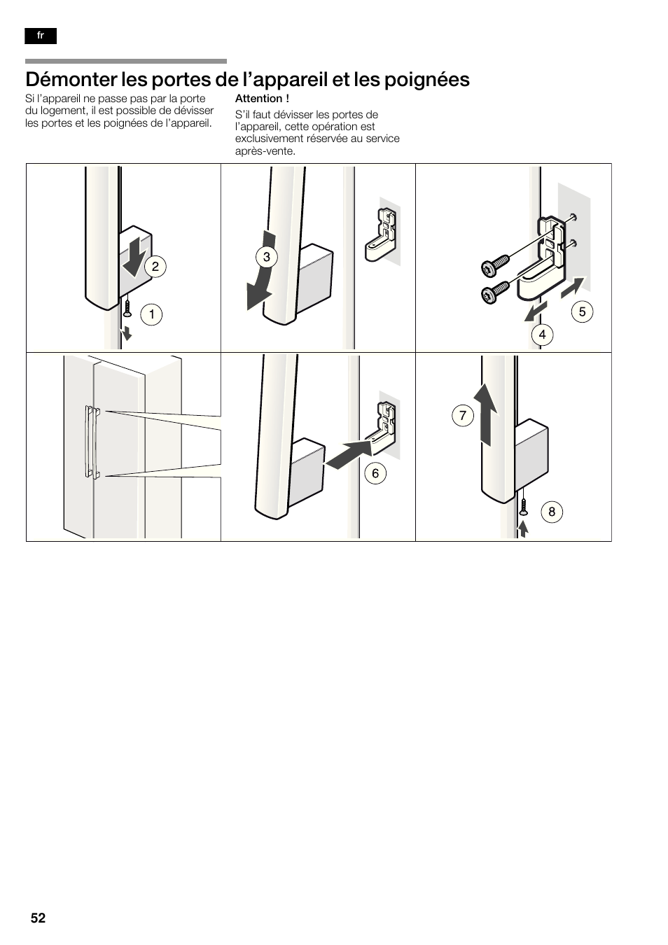 Démonter les portes de l'appareil et les poignées | Neff K5935D1 User Manual | Page 52 / 140