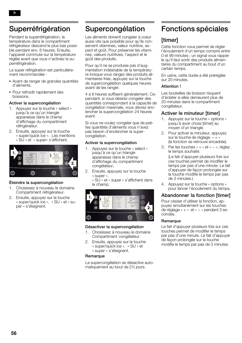 Superréfrigération, Supercongélation, Fonctions spéciales | Timer, Activer le minuteur [timer, Abandonner la fonction [timer | Neff K5935D1 User Manual | Page 56 / 140