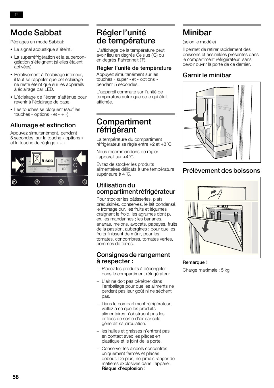 Mode sabbat, Régler l'unité de température, Compartiment réfrigérant | Minibar, Allumage et extinction, Utilisation du compartiment réfrigérateur, Consignes de rangement à respecter, Garnir le minibar prélèvement des boissons | Neff K5935D1 User Manual | Page 58 / 140