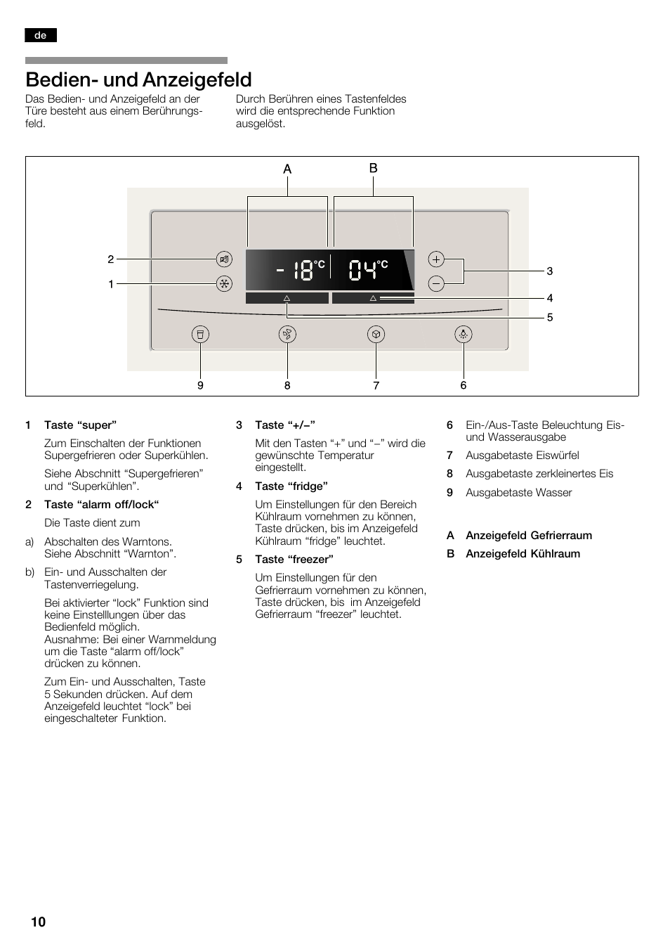 Bedienć und anzeigefeld | Neff K5920D1 User Manual | Page 10 / 98