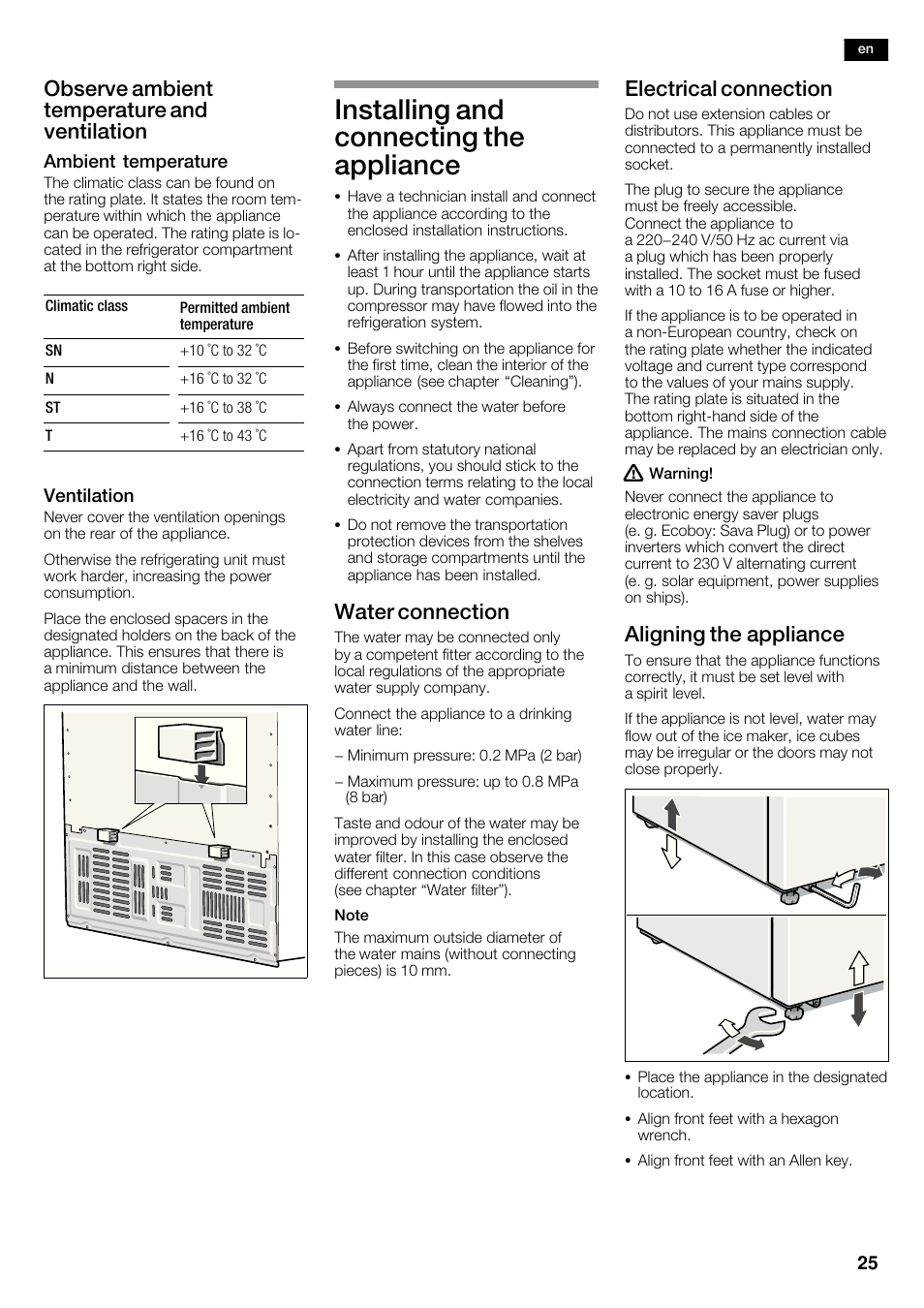 Installing and connecting the appliance, Observe ambient temperature and ventilation, Water connection | Electrical connection, Aligning the appliance | Neff K5920D1 User Manual | Page 25 / 98