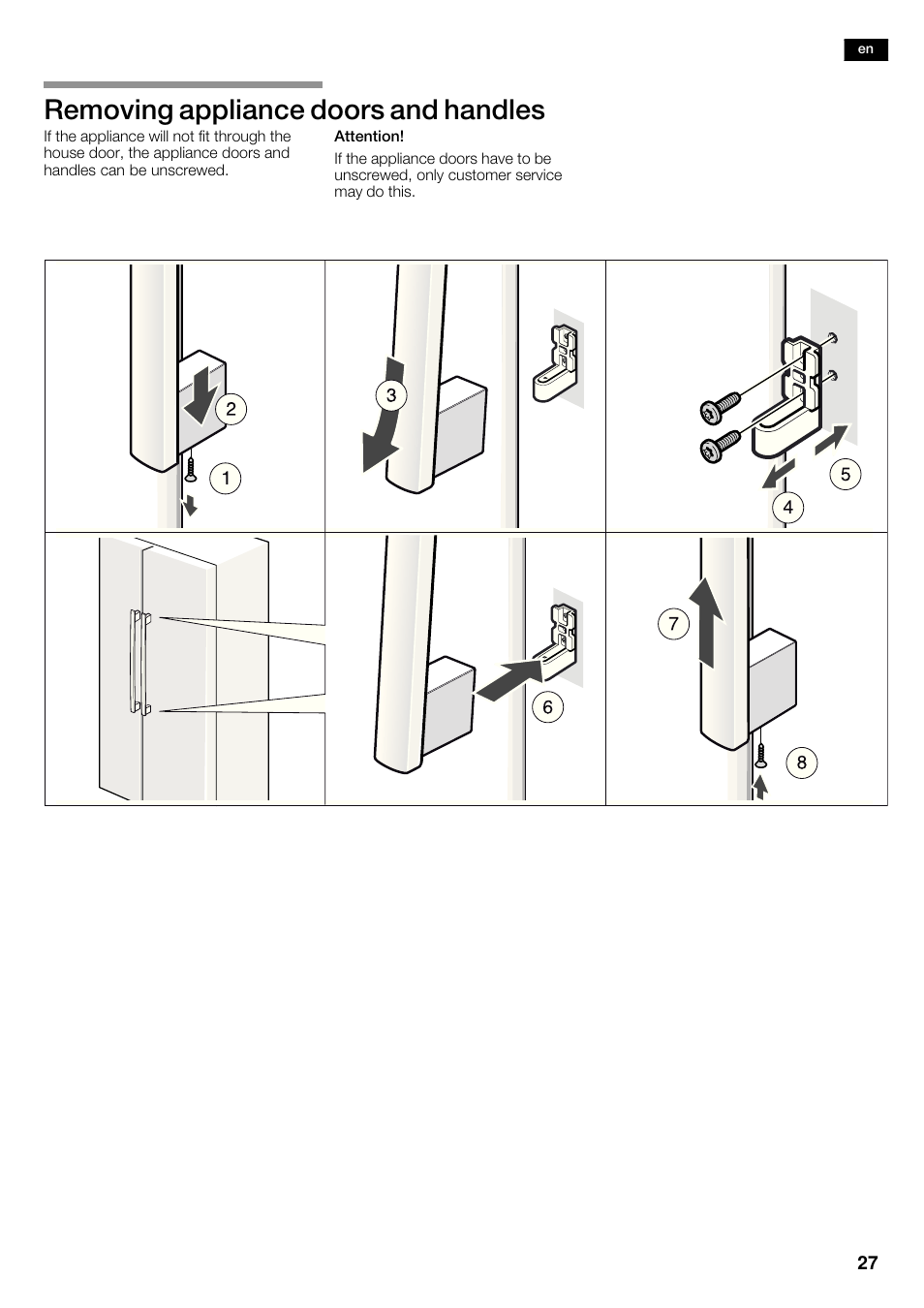 Removing appliance doors and handles | Neff K5920D1 User Manual | Page 27 / 98