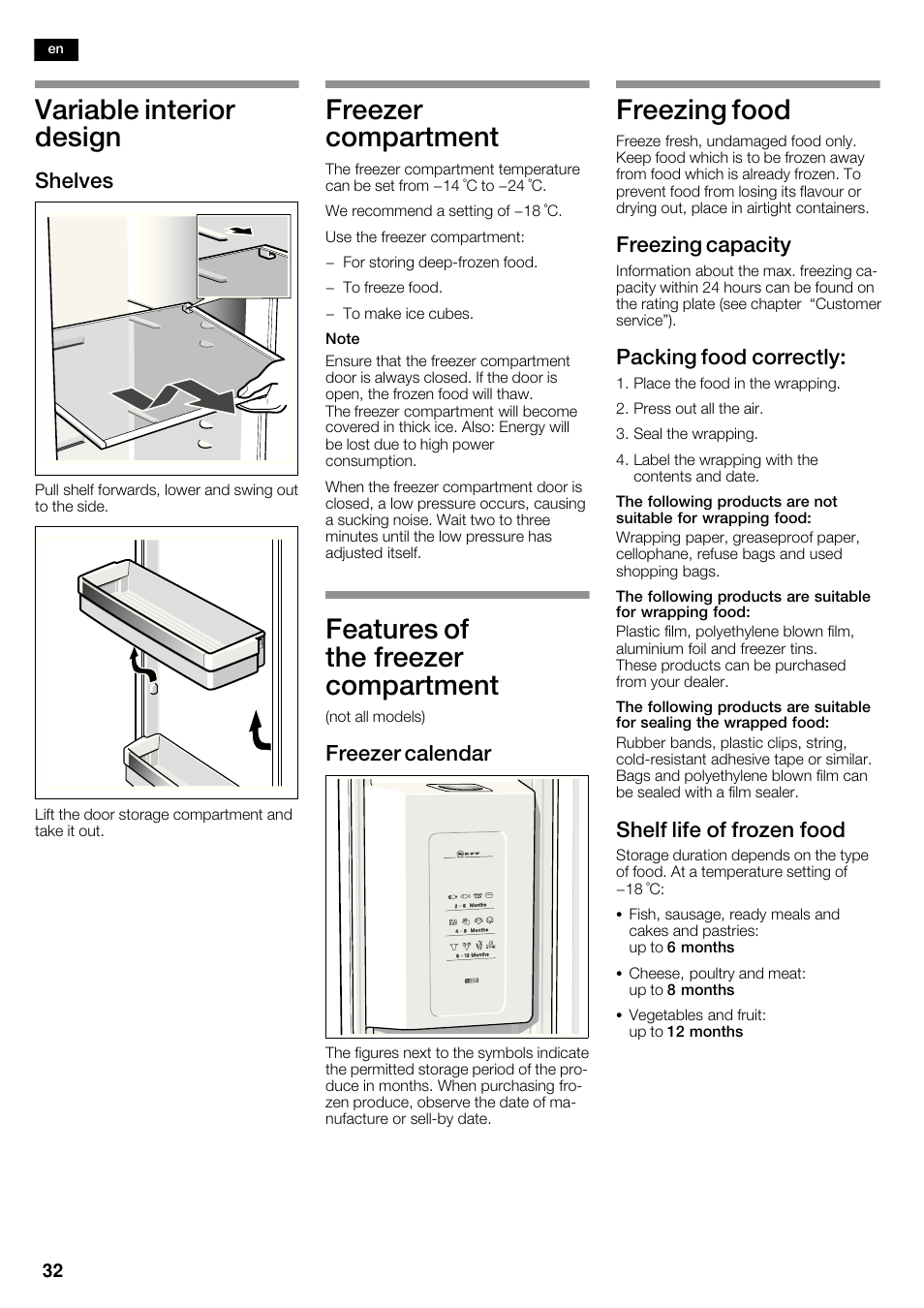 Variable interior design, Freezer compartment, Features of the freezer compartment | Freezing food, Shelves, Freezer calendar, Freezing capacity, Packing food correctly, Shelf life of frozen food | Neff K5920D1 User Manual | Page 32 / 98