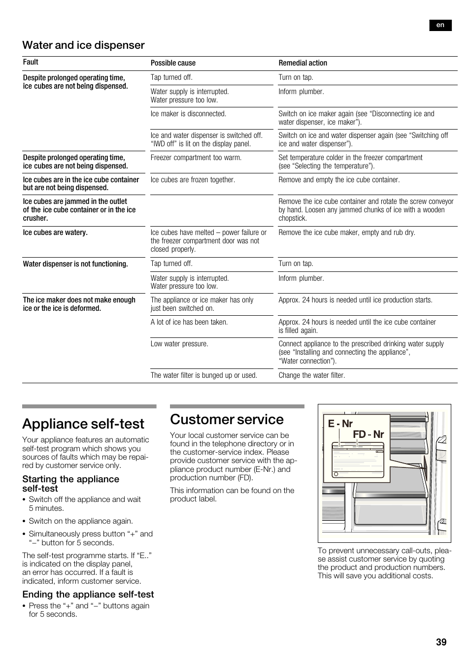 Appliance selfćtest, Customer service, Water and ice dispenser | Neff K5920D1 User Manual | Page 39 / 98