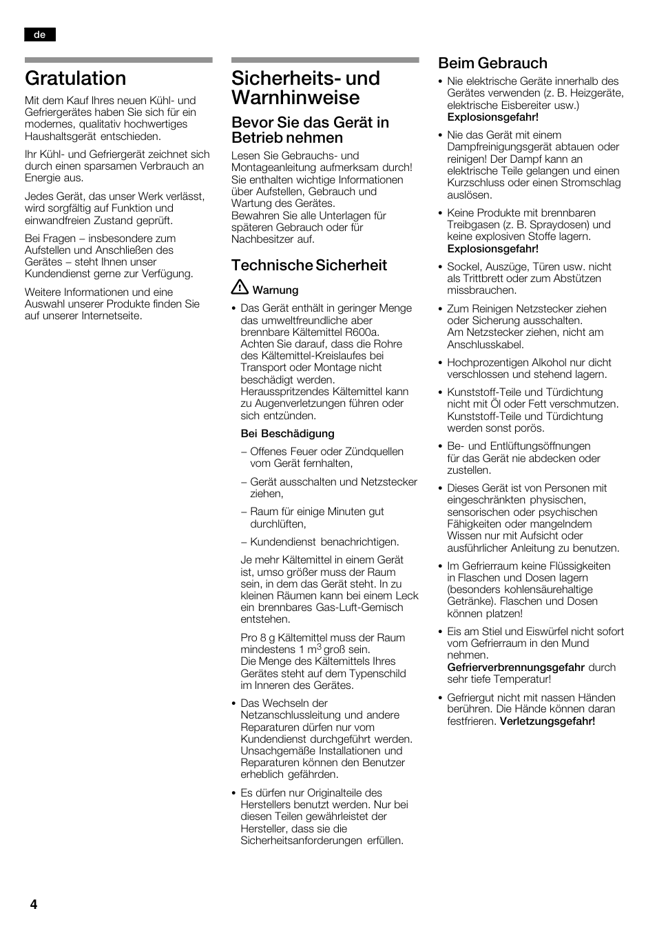 Gratulation, Sicherheitsć und warnhinweise, Bevor sie das gerät in betrieb nehmen | Technische sicherheit, Beim gebrauch | Neff K5920D1 User Manual | Page 4 / 98