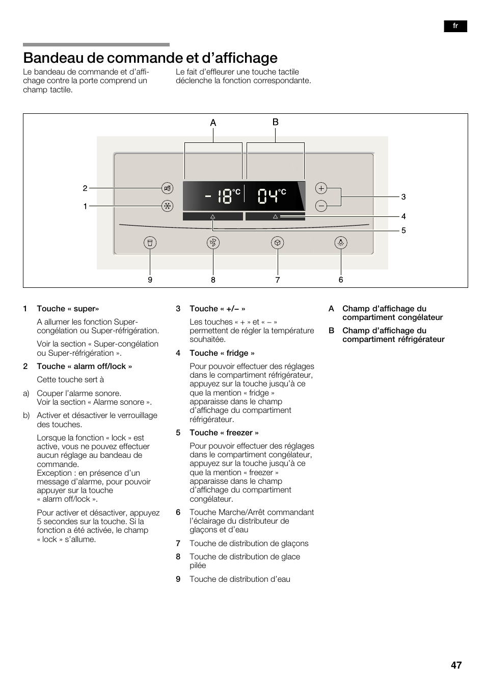 Bandeau de commande et d'affichage | Neff K5920D1 User Manual | Page 47 / 98