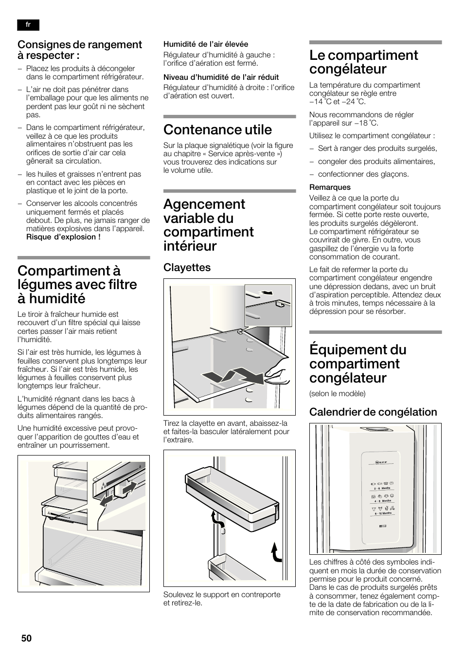 Compartiment à légumes avec filtre à humidité, Contenance utile, Agencement variable du compartiment intérieur | Le compartiment congélateur, Équipement du compartiment congélateur, Consignes de rangement à respecter, Clayettes, Calendrier de congélation | Neff K5920D1 User Manual | Page 50 / 98