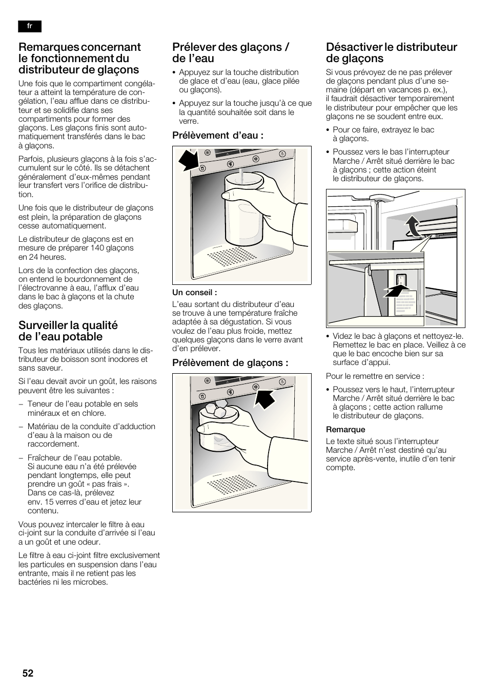 Surveiller la qualité de l'eau potable, Prélever des glaçons / de l'eau, Désactiver le distributeur de glaçons | Neff K5920D1 User Manual | Page 52 / 98