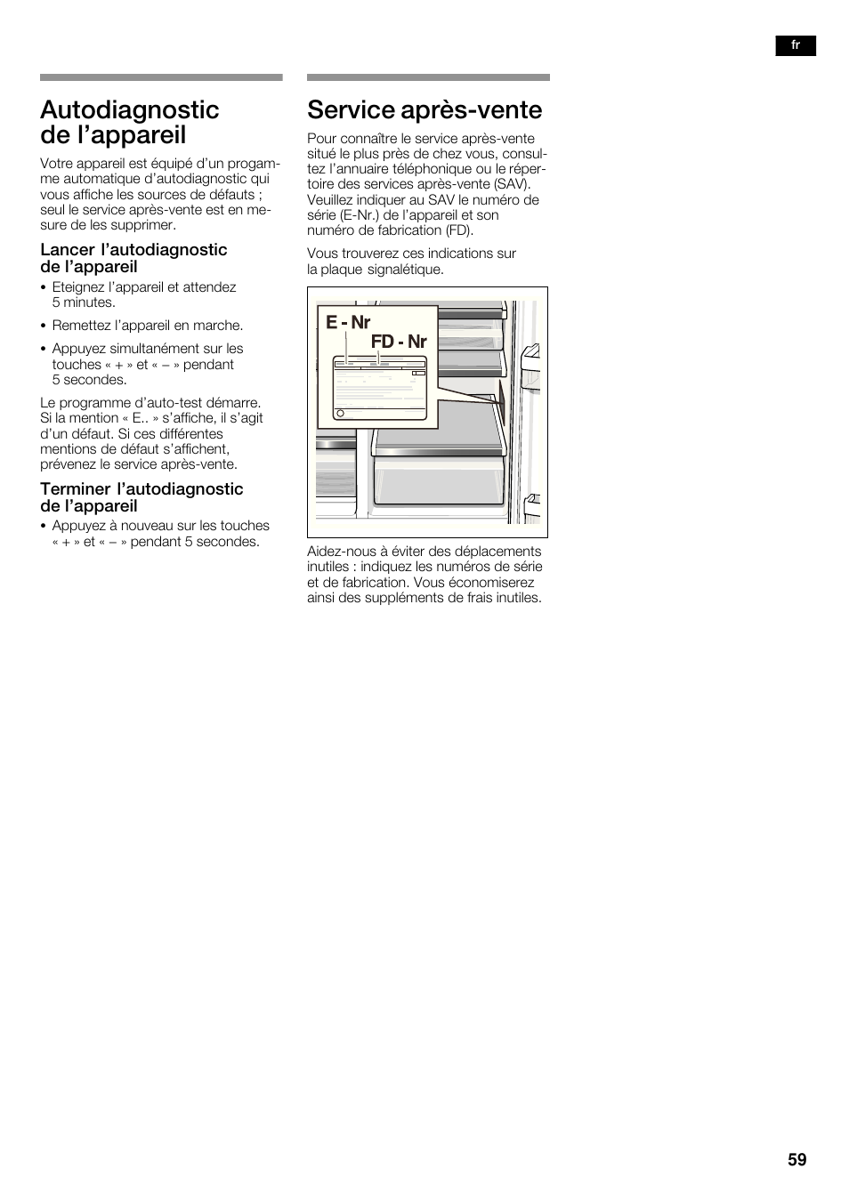 Autodiagnostic de l'appareil, Service aprèsćvente | Neff K5920D1 User Manual | Page 59 / 98
