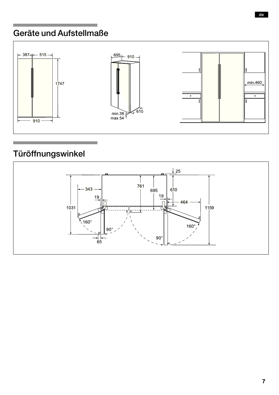 Geräte und aufstellmaße türöffnungswinkel | Neff K5920D1 User Manual | Page 7 / 98