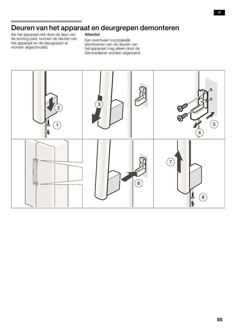 Deuren van het apparaat en deurgrepen demonteren | Neff K5920D1 User Manual | Page 85 / 98