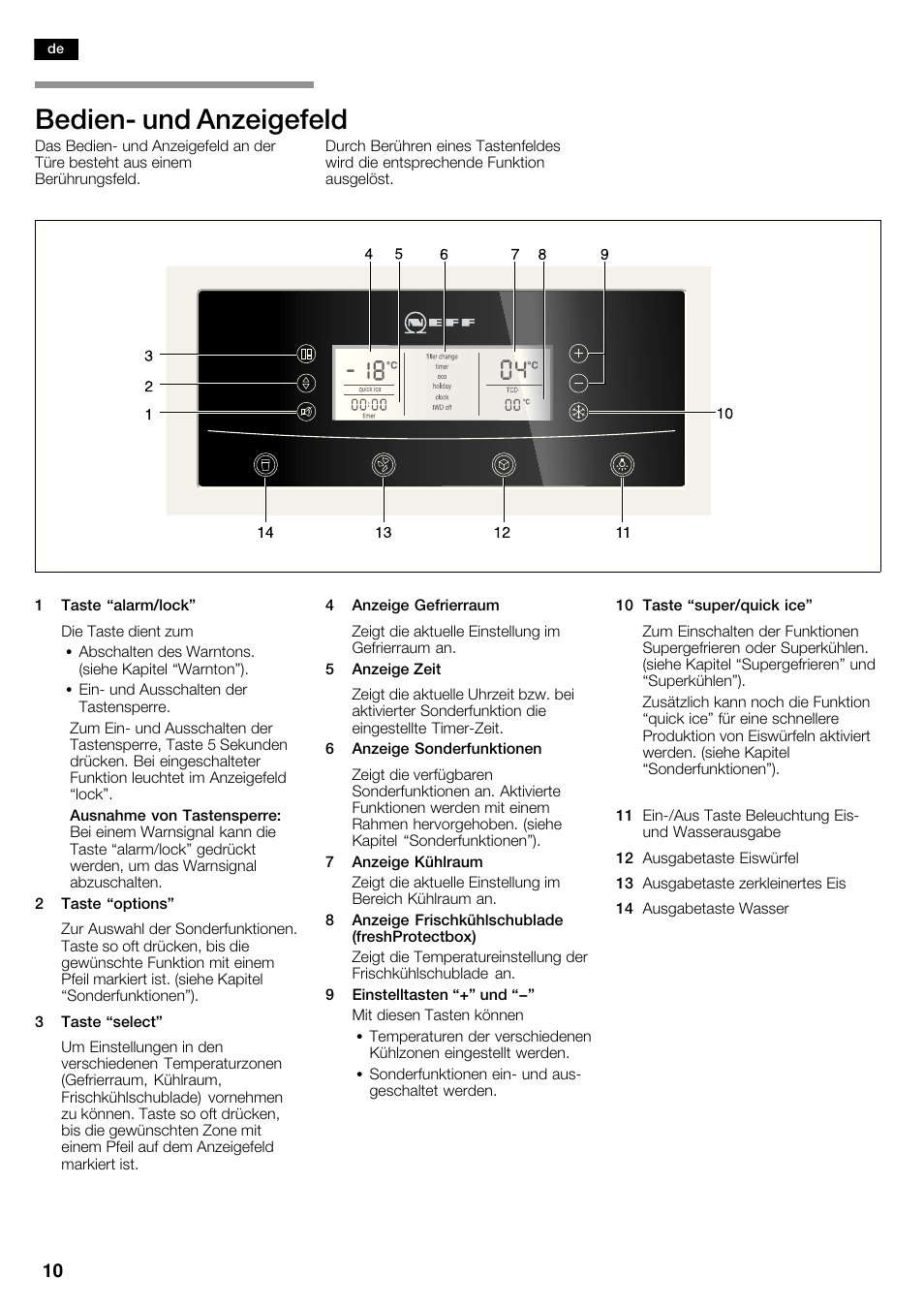 Bedienć und anzeigefeld | Neff K5950N1 User Manual | Page 10 / 140