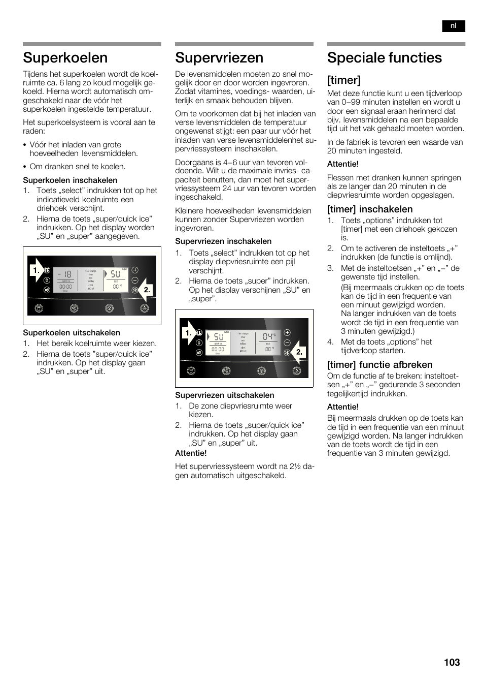 Superkoelen, Supervriezen, Speciale functies | Timer | Neff K5950N1 User Manual | Page 103 / 140
