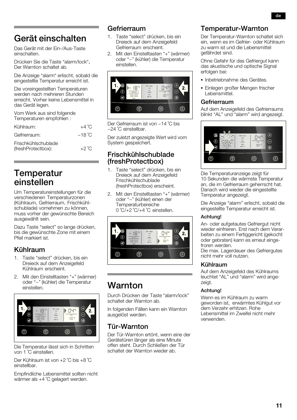 Gerät einschalten, Temperatur einstellen, Warnton | Kühlraum, Gefrierraum, Frischkühlschublade (freshprotectbox), Türćwarnton, Temperaturćwarnton | Neff K5950N1 User Manual | Page 11 / 140