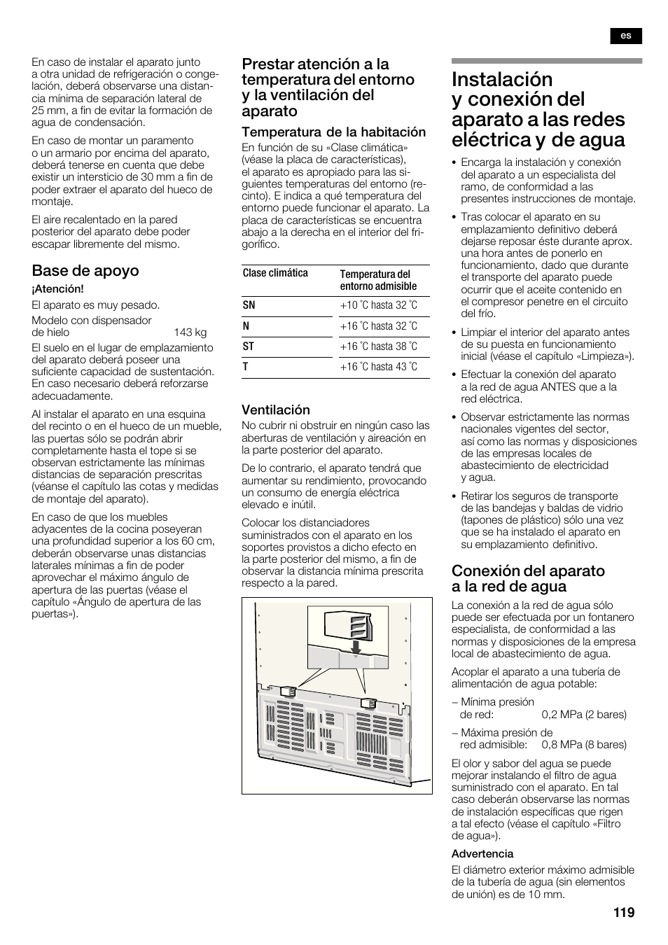 Base de apoyo, Conexión del aparato a la red de agua | Neff K5950N1 User Manual | Page 119 / 140