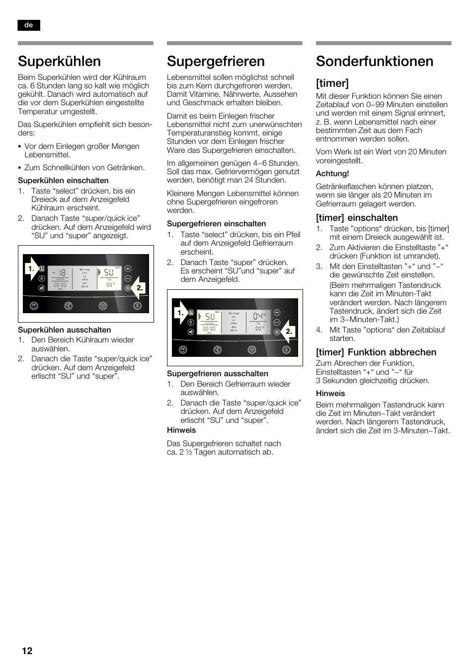 Superkühlen, Supergefrieren, Sonderfunktionen | Timer | Neff K5950N1 User Manual | Page 12 / 140