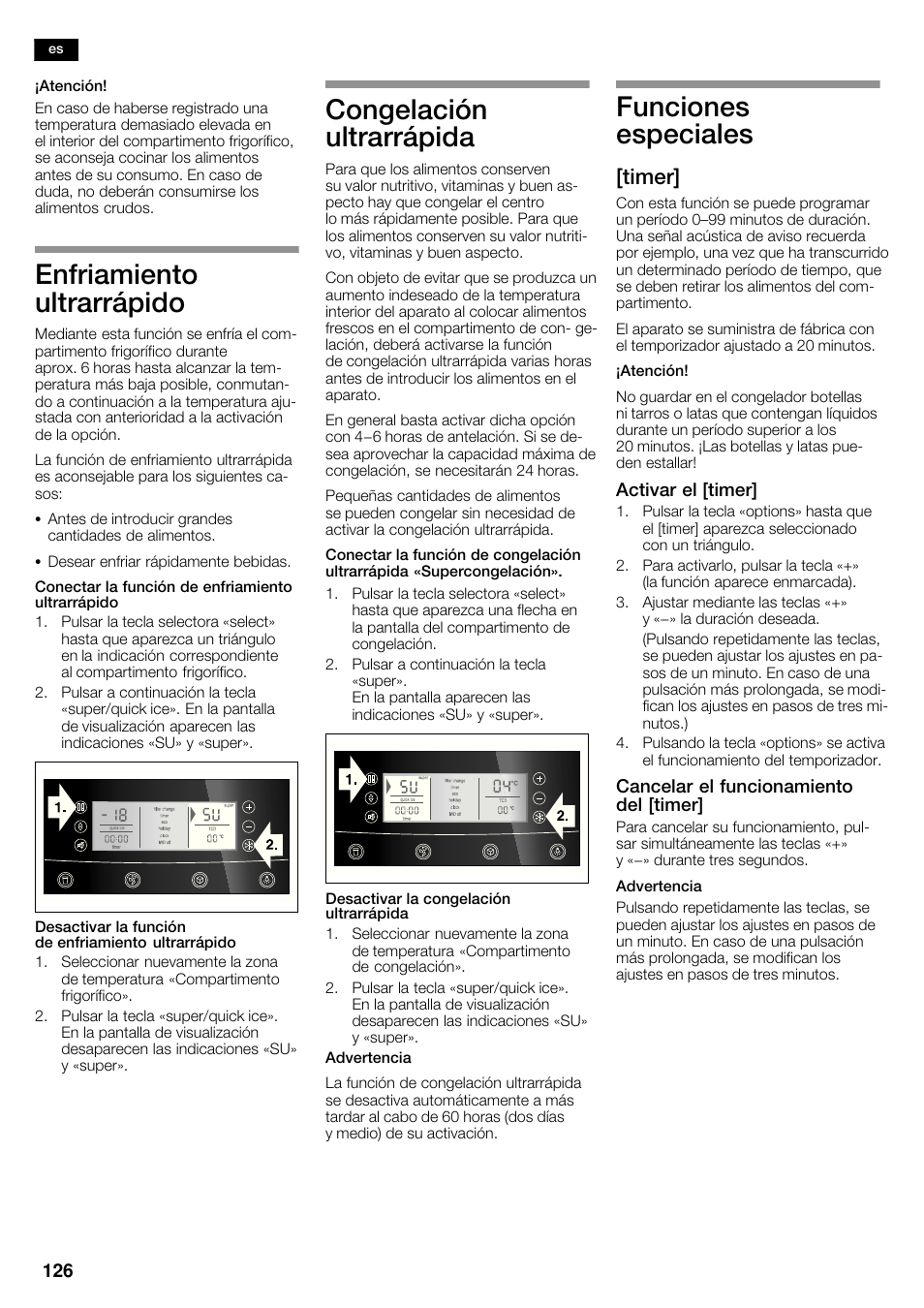 Enfriamiento ultrarrápido, Congelación ultrarrápida, Funciones especiales | Timer | Neff K5950N1 User Manual | Page 126 / 140