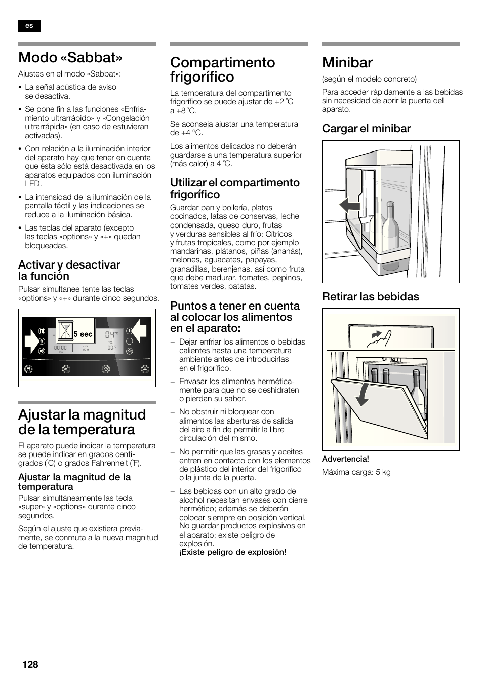 Modo «sabbat, Ajustar la magnitud de la temperatura, Compartimento frigorífico | Minibar, Activar y desactivar la función, Utilizar el compartimento frigorífico, Cargar el minibar retirar las bebidas | Neff K5950N1 User Manual | Page 128 / 140